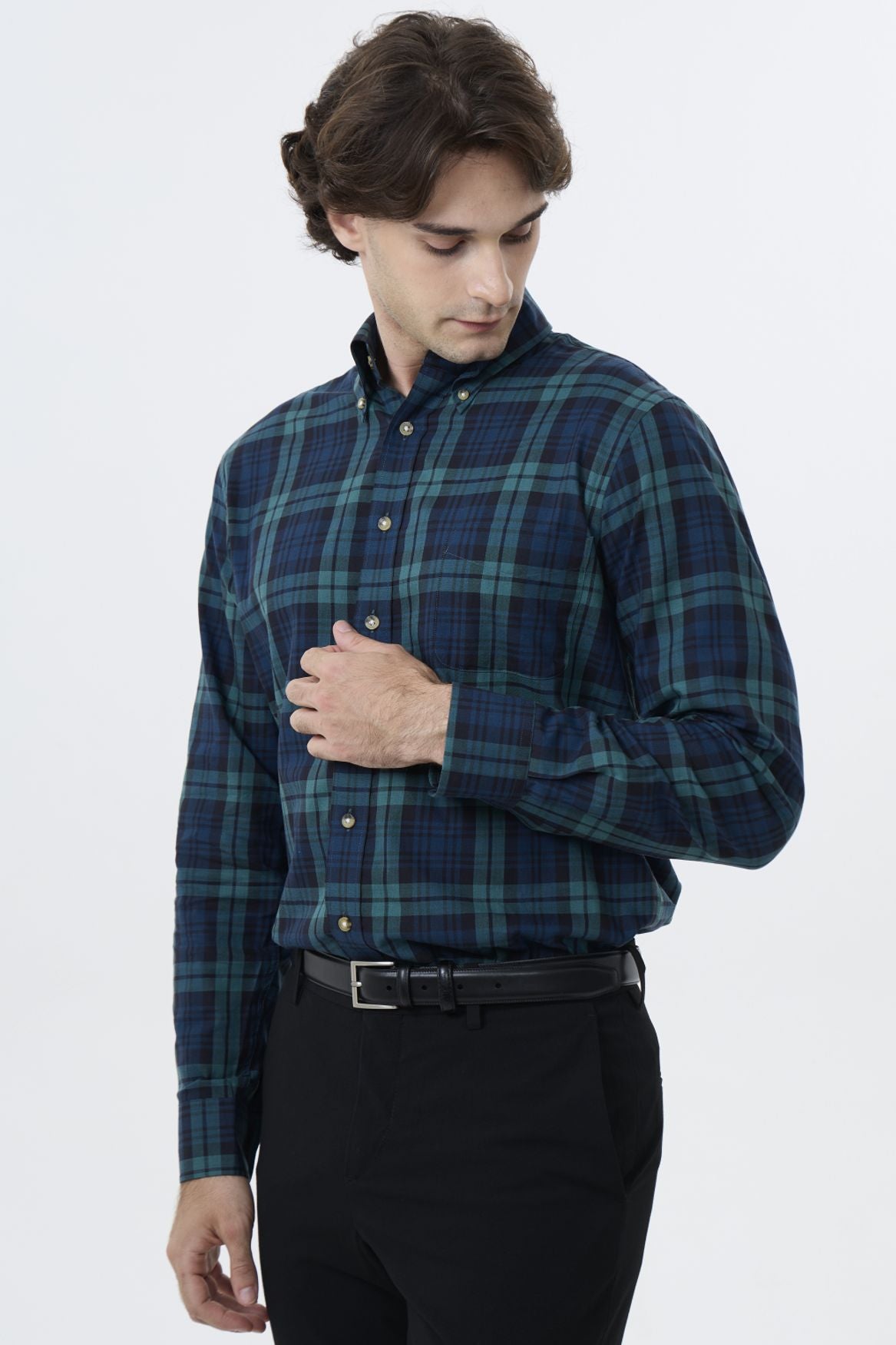Summer Weight Black Watch Tartan Cotton and Wool Blend Button-Down Shirt by Viyella