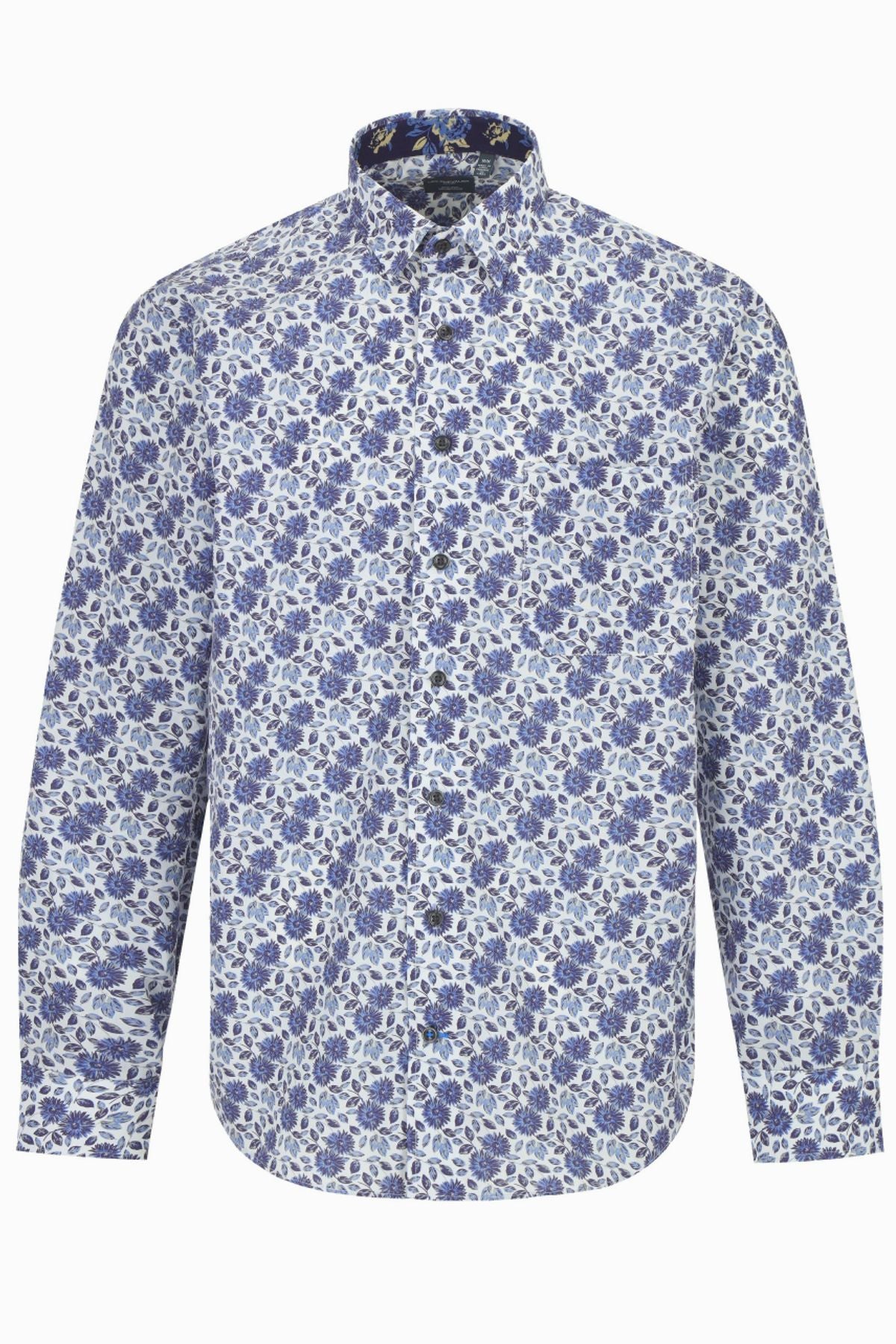 Multi Blue Floral Cotton Sport Shirt with Hidden Button Down Collar by Leo Chevalier