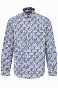 Multi Blue Floral Cotton Sport Shirt with Hidden Button Down Collar by Leo Chevalier