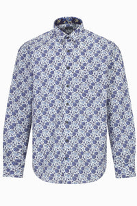 Multi Blue Floral Cotton Sport Shirt with Hidden Button Down Collar by Leo Chevalier