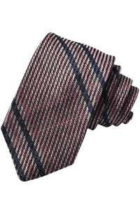 Pink, Navy, and Latte Herringbone Double Bar Stripe Silk, Linen, and Cotton Woven Jacquard Tie by Dion Neckwear