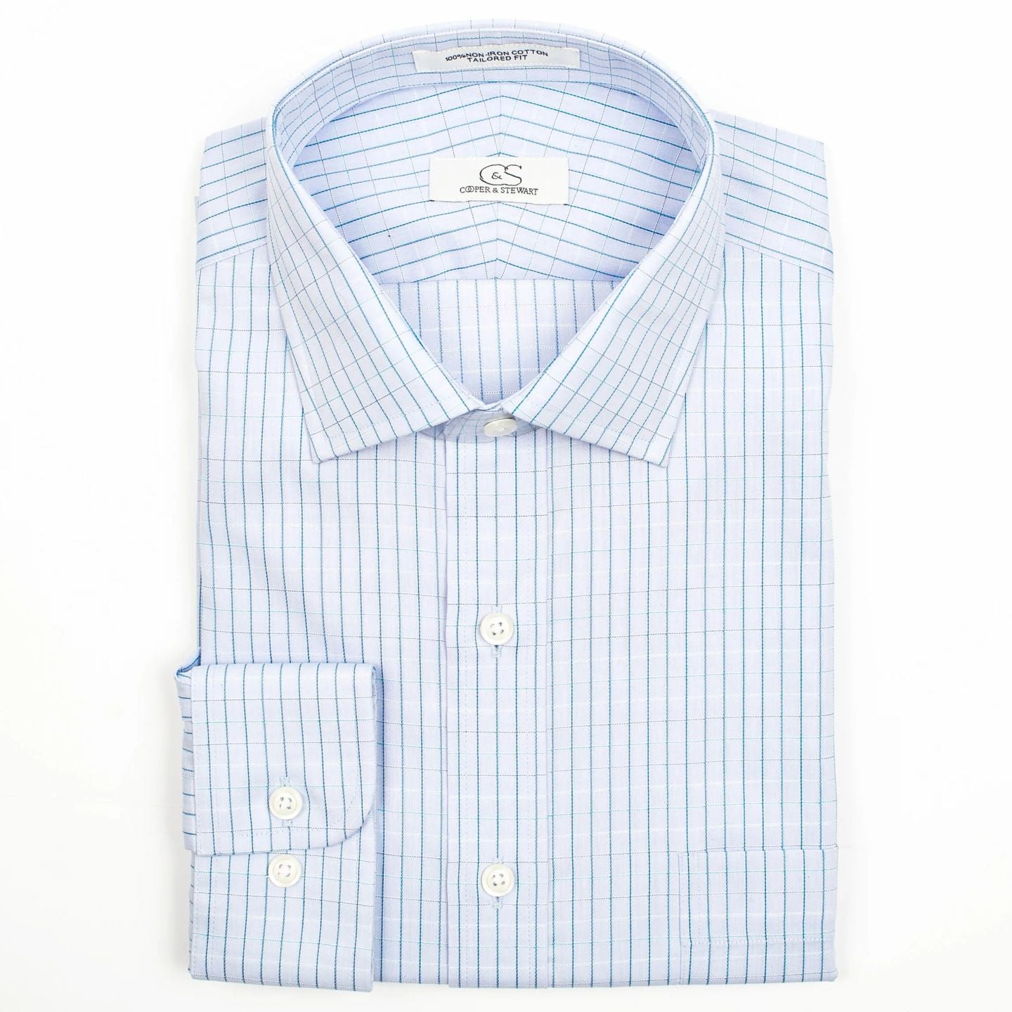 Blue and Turquoise Satin Check Wrinkle-Free Cotton Dress Shirt with Spread Collar by Cooper & Stewart