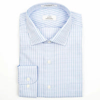 Blue and Turquoise Satin Check Wrinkle-Free Cotton Dress Shirt with Spread Collar by Cooper & Stewart