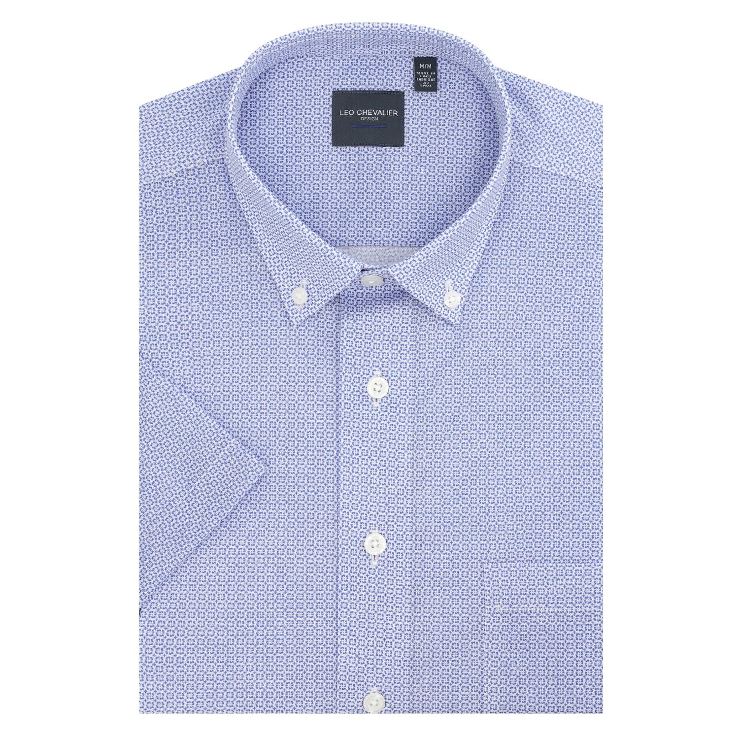 Blue Geometric Print Knit Short Sleeve Sport Shirt with Button Down Collar by Leo Chevalier