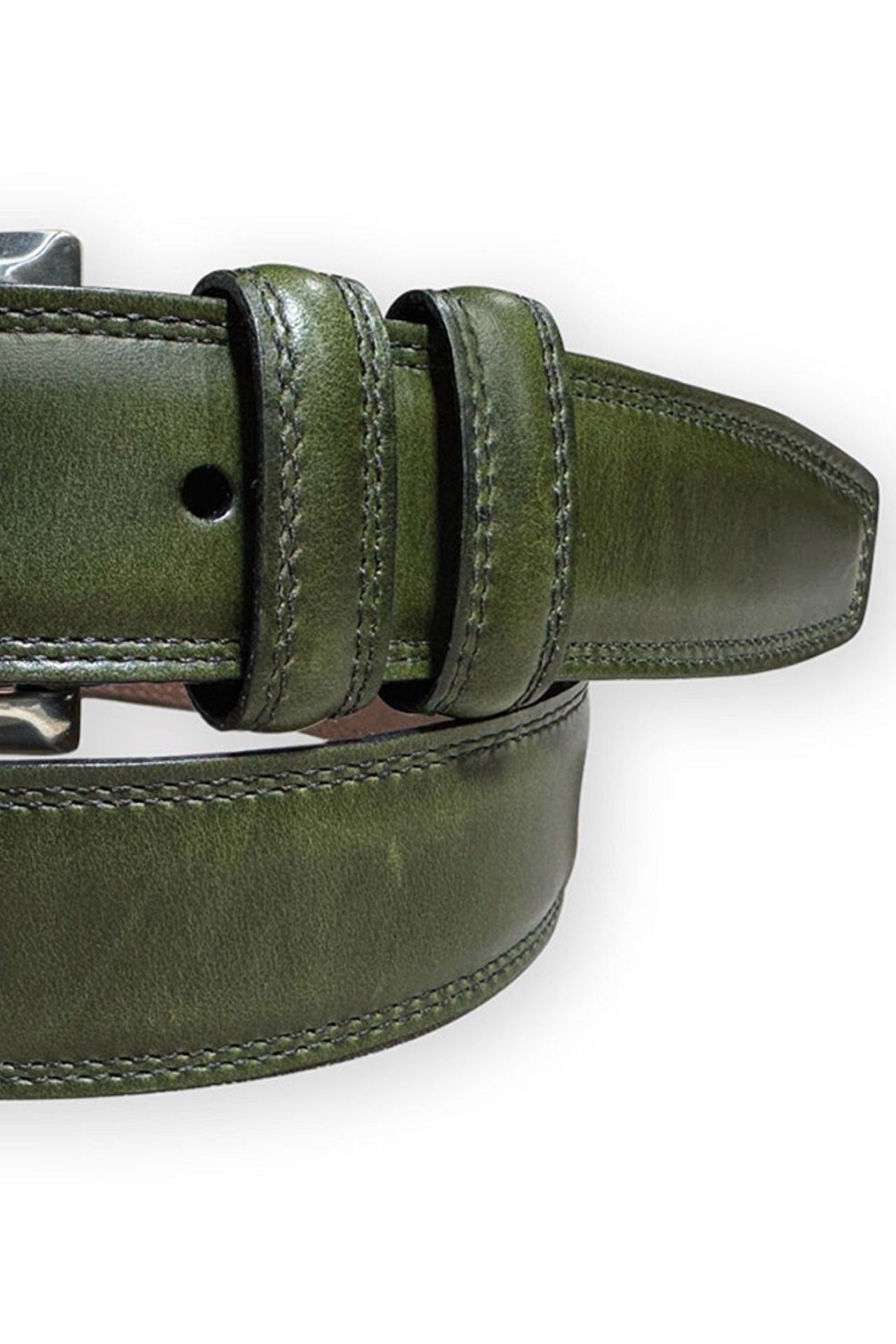 Contrast Stitched Padded Calfskin Belt in Olive Green by Torino Leather