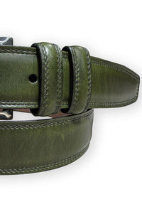 Contrast Stitched Padded Calfskin Belt in Olive Green by Torino Leather