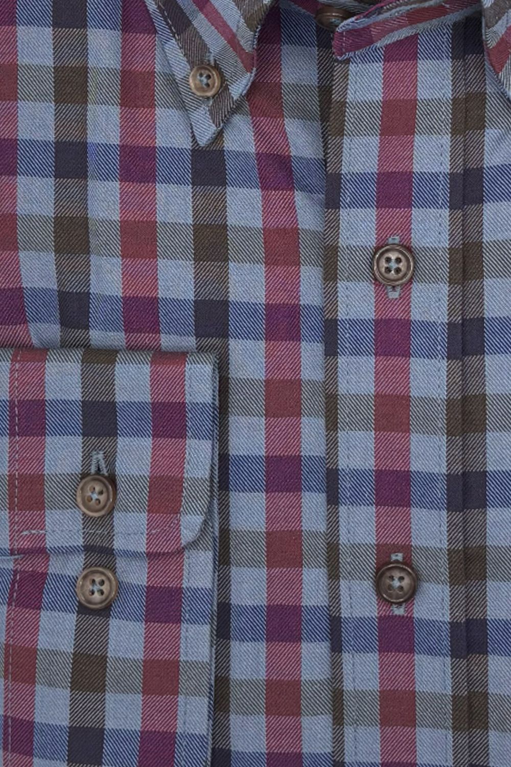 Blue, Maroon, and Brown Plaid Cotton and Wool Blend Button-Down Shirt by Viyella
