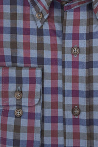 Blue, Maroon, and Brown Plaid Cotton and Wool Blend Button-Down Shirt by Viyella