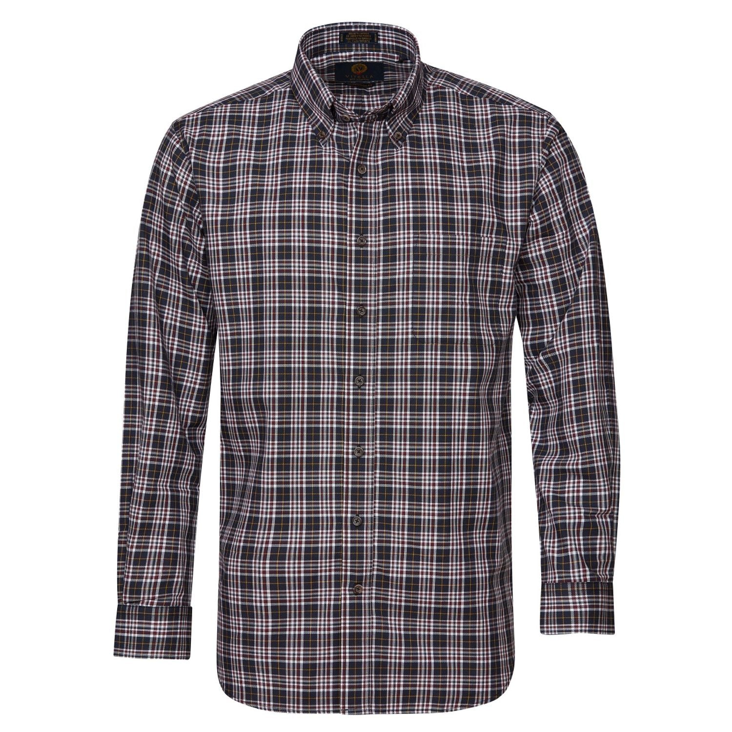 Black, Burgundy, and Gold Plaid Cotton and Wool Blend Button-Down Shirt by Viyella