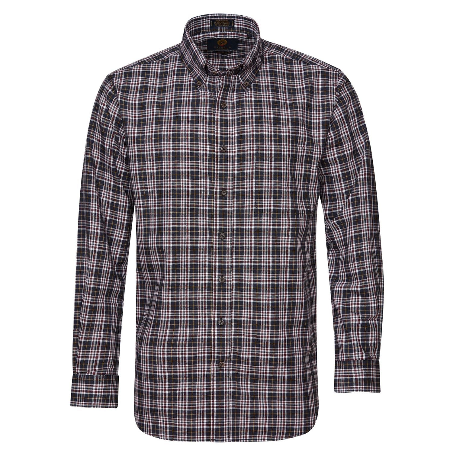 Black, Burgundy, and Gold Plaid Cotton and Wool Blend Button-Down Shir Black, Burgundy, and Gold Plaid Cotton and Wool Blend Button-Down Shir