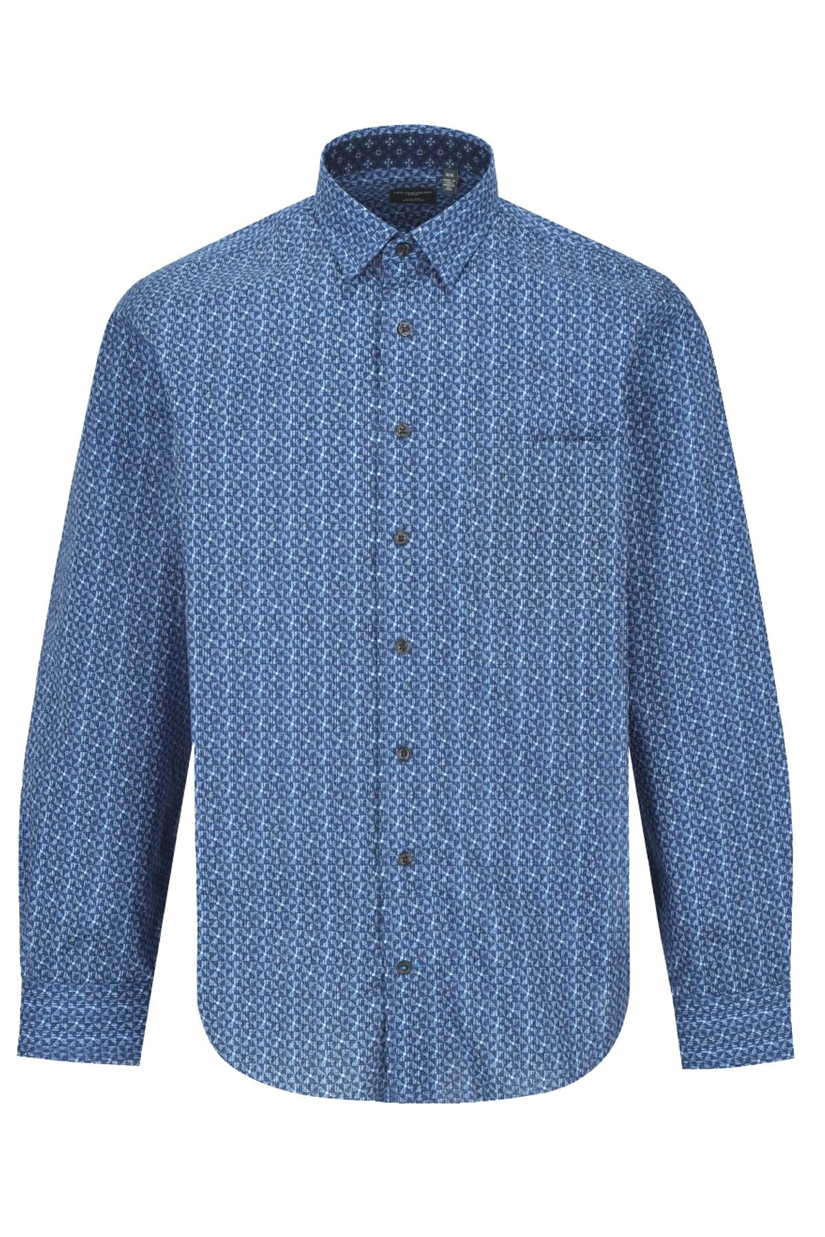 Multi Blue Geometric Cotton Sport Shirt with Hidden Button Down Collar by Leo Chevalier