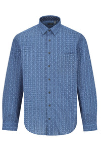 Multi Blue Geometric Cotton Sport Shirt with Hidden Button Down Collar by Leo Chevalier