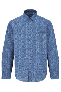 Multi Blue Geometric Cotton Sport Shirt with Hidden Button Down Collar by Leo Chevalier