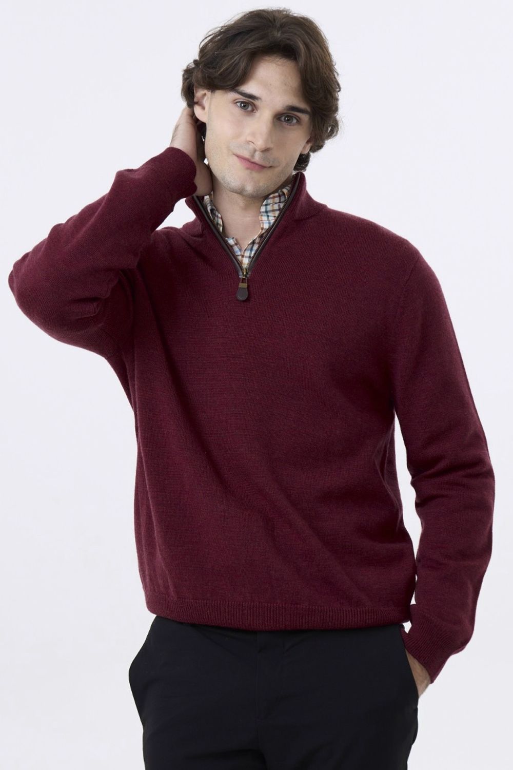 Extra Fine 'Zegna Baruffa' Merino Wool Quarter-Zip Sweater in Buch Red by Viyella