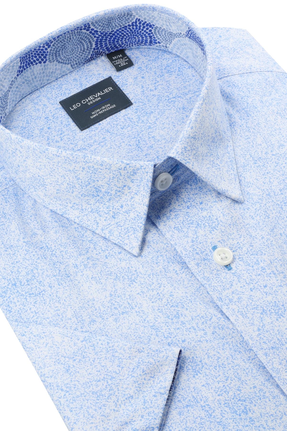 Light Blue and White Speckled Print Short Sleeve No-Iron Cotton Sport Shirt with Hidden Button Down Collar by Leo Chevalier