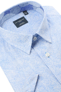 Light Blue and White Speckled Print Short Sleeve No-Iron Cotton Sport Shirt with Hidden Button Down Collar by Leo Chevalier