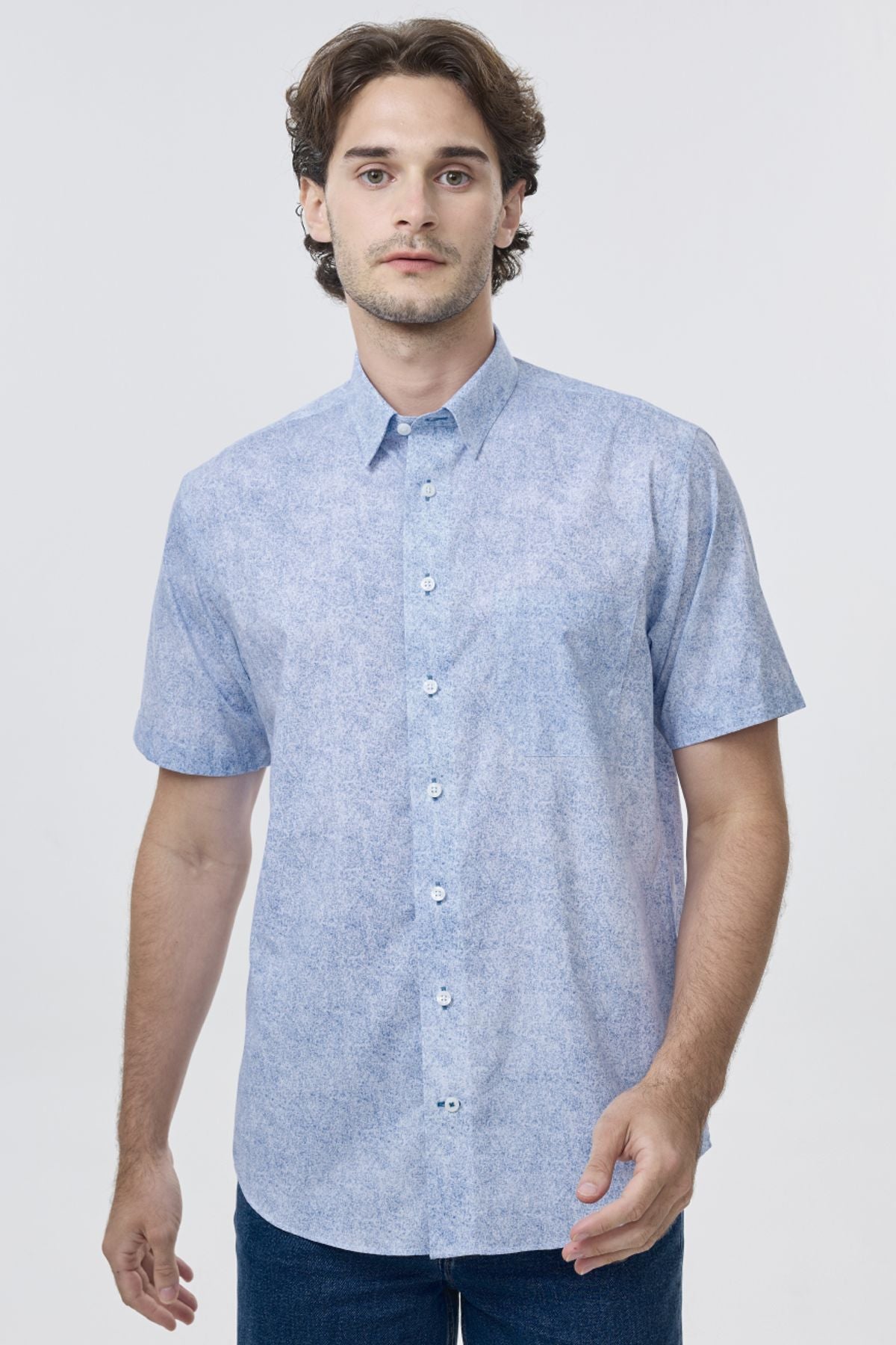 Light Blue and White Speckled Print Short Sleeve No-Iron Cotton Sport Shirt with Hidden Button Down Collar by Leo Chevalier