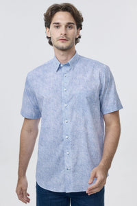Light Blue and White Speckled Print Short Sleeve No-Iron Cotton Sport Shirt with Hidden Button Down Collar by Leo Chevalier