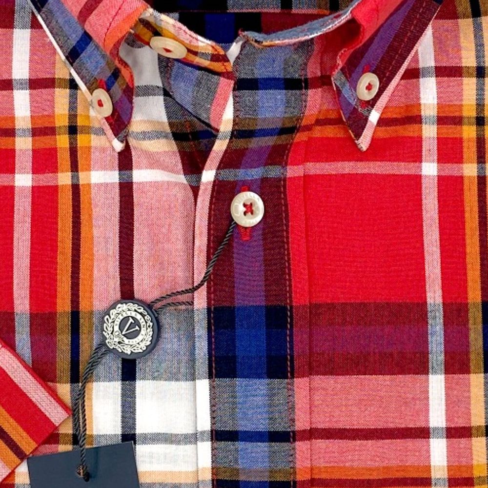 Cotton Madras Short Sleeve Cotton Sport Shirt in Red, White, and Navy Plaid by Viyella