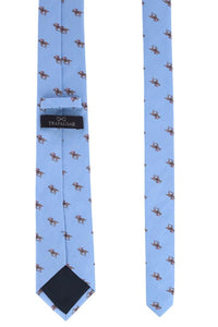 Down the Stretch Racehorse Pattern Linen and Silk Blend Tie in Light Blue by Trafalgar