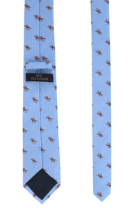 Down the Stretch Racehorse Pattern Linen and Silk Blend Tie in Light Blue by Trafalgar