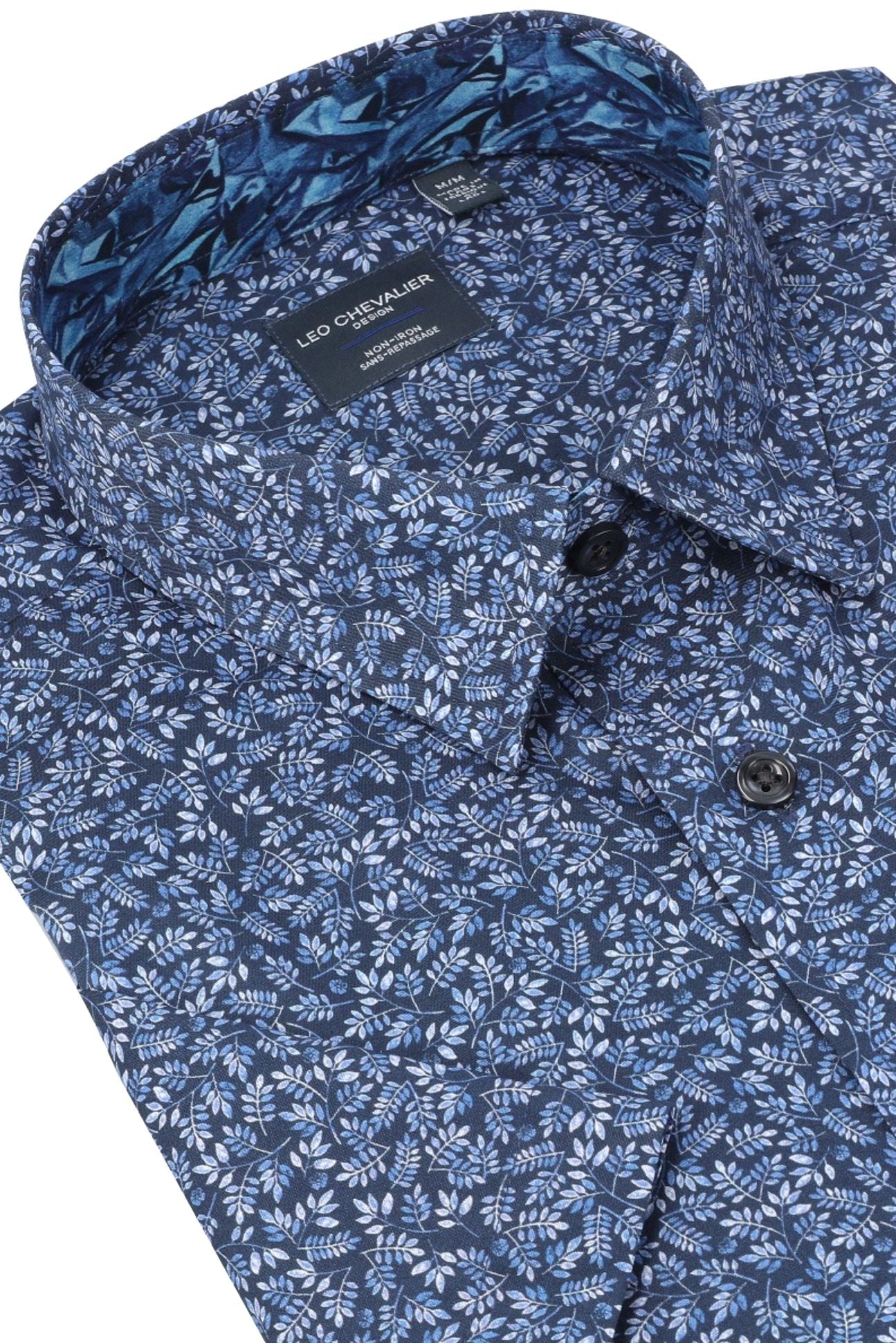 Navy and Blue Botanical Leaf Print Short Sleeve No-Iron Cotton Sport Shirt with Hidden Button Down Collar by Leo Chevalier