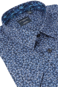 Navy and Blue Botanical Leaf Print Short Sleeve No-Iron Cotton Sport Shirt with Hidden Button Down Collar by Leo Chevalier