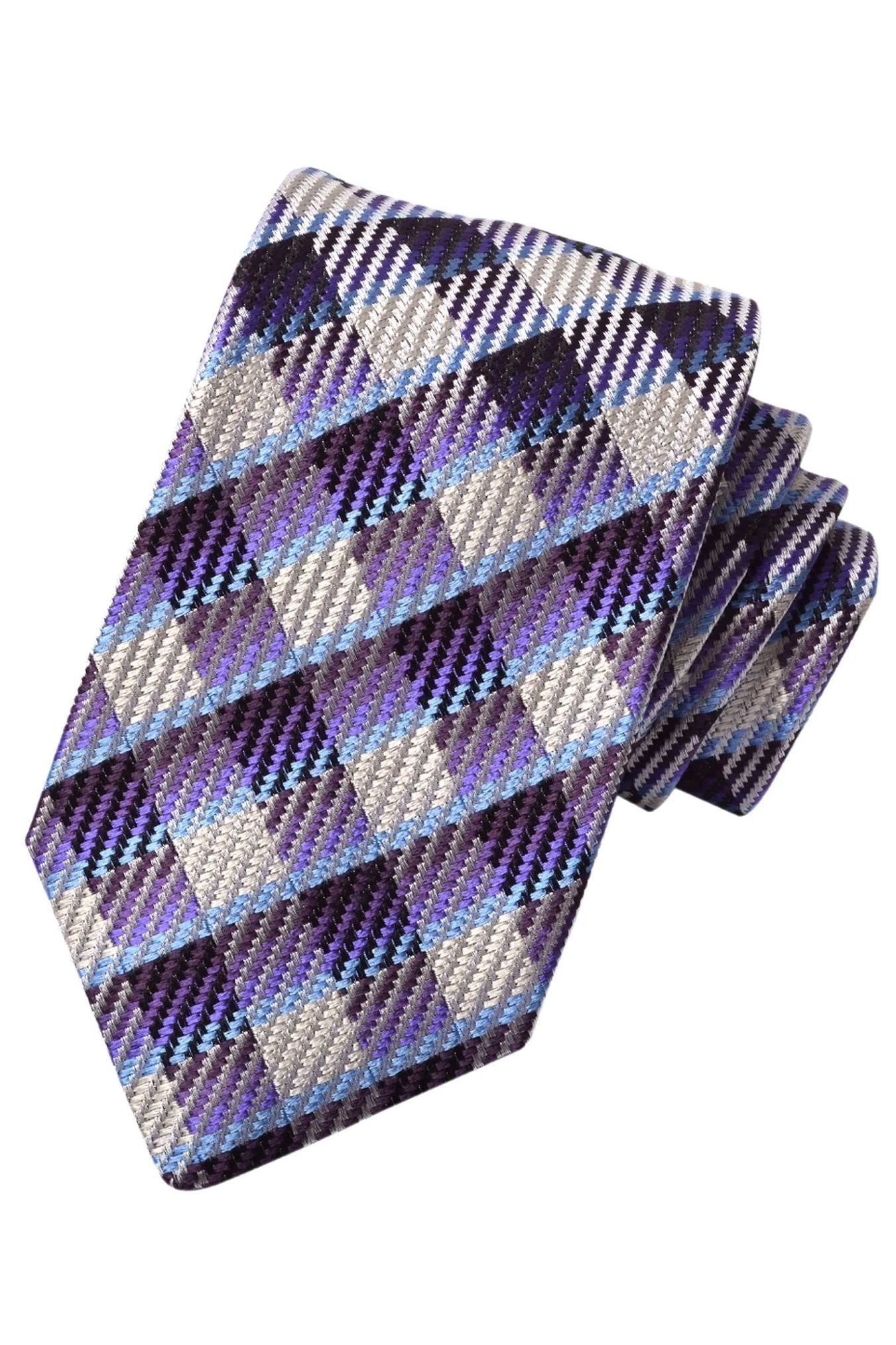 Purple, Marine, Royal, and Latte Herringbone Plaid Italian Silk Woven Jacquard Tie by Dion Neckwear