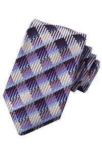 Purple, Marine, Royal, and Latte Herringbone Plaid Italian Silk Woven Jacquard Tie by Dion Neckwear