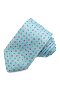 Aqua, Lavender, and French Blue Micro Medallion Silk Printed Panama Tie by Dion Neckwear