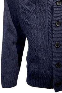 Shawl Collar Wool Blend Button-Front Cable Knit Cardigan Sweater (Size Large) in Indigo by Viyella