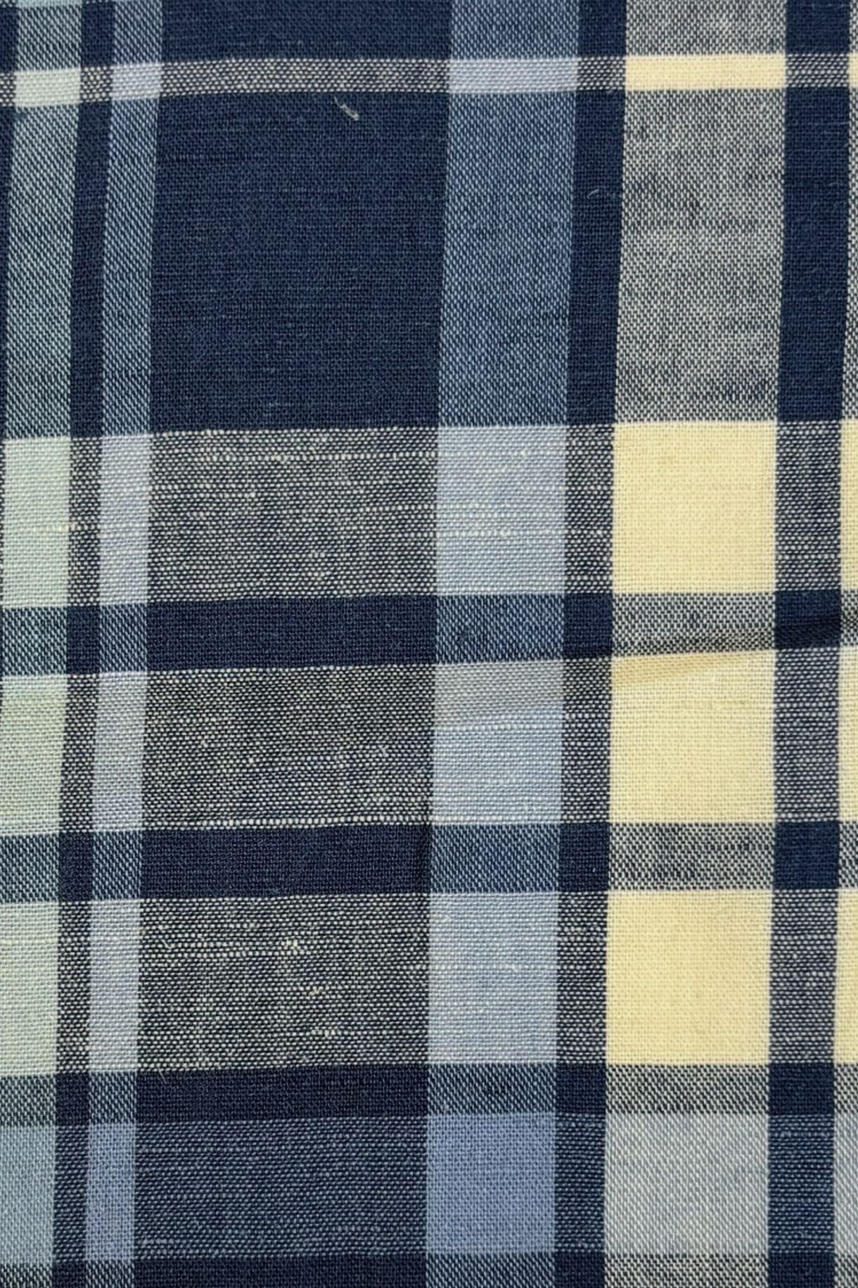 Dark Blue, Navy. and Butter Plaid Linen Long Sleeve Sport Shirt by Viyella