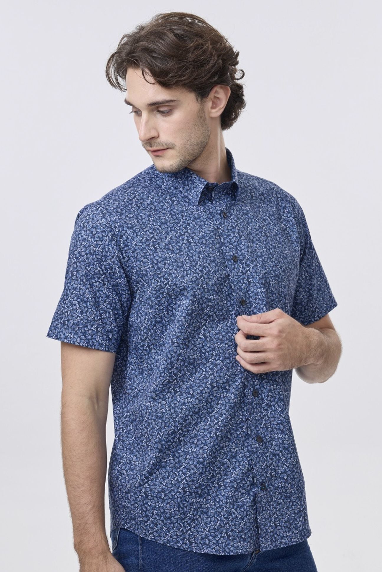 Navy and Blue Botanical Leaf Print Short Sleeve No-Iron Cotton Sport Shirt with Hidden Button Down Collar by Leo Chevalier