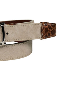 Sueded Calfskin Casual Belt with Crocodile-Embossed Calfskin Tabs in Tundra by Torino Leather