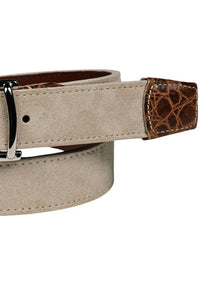 Sueded Calfskin Casual Belt with Crocodile-Embossed Calfskin Tabs in Tundra by Torino Leather