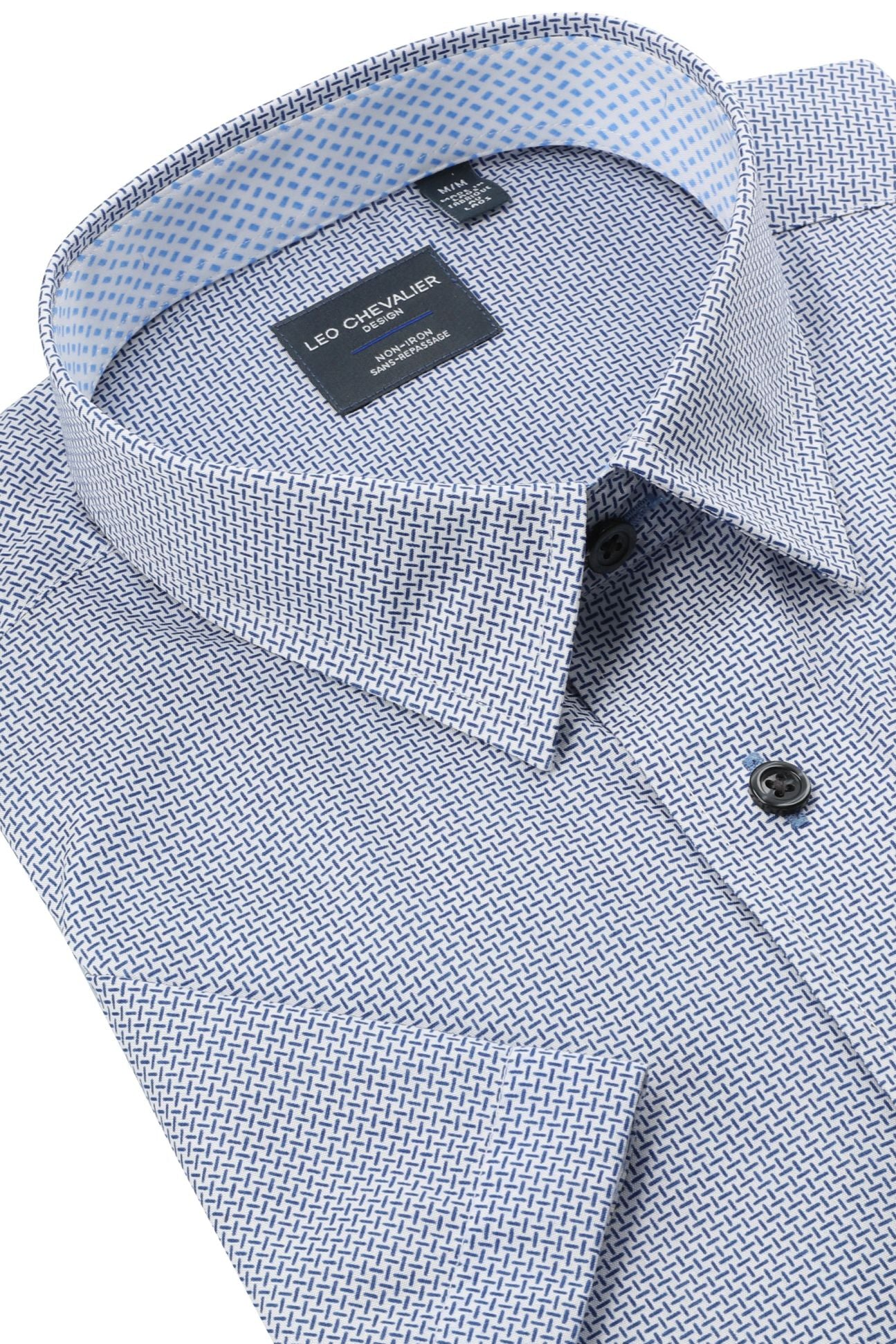 Blue and White Neat Grid Short Sleeve No-Iron Cotton Sport Shirt with Hidden Button Down Collar by Leo Chevalier