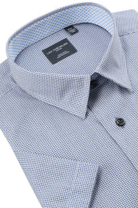 Blue and White Neat Grid Short Sleeve No-Iron Cotton Sport Shirt with Hidden Button Down Collar by Leo Chevalier