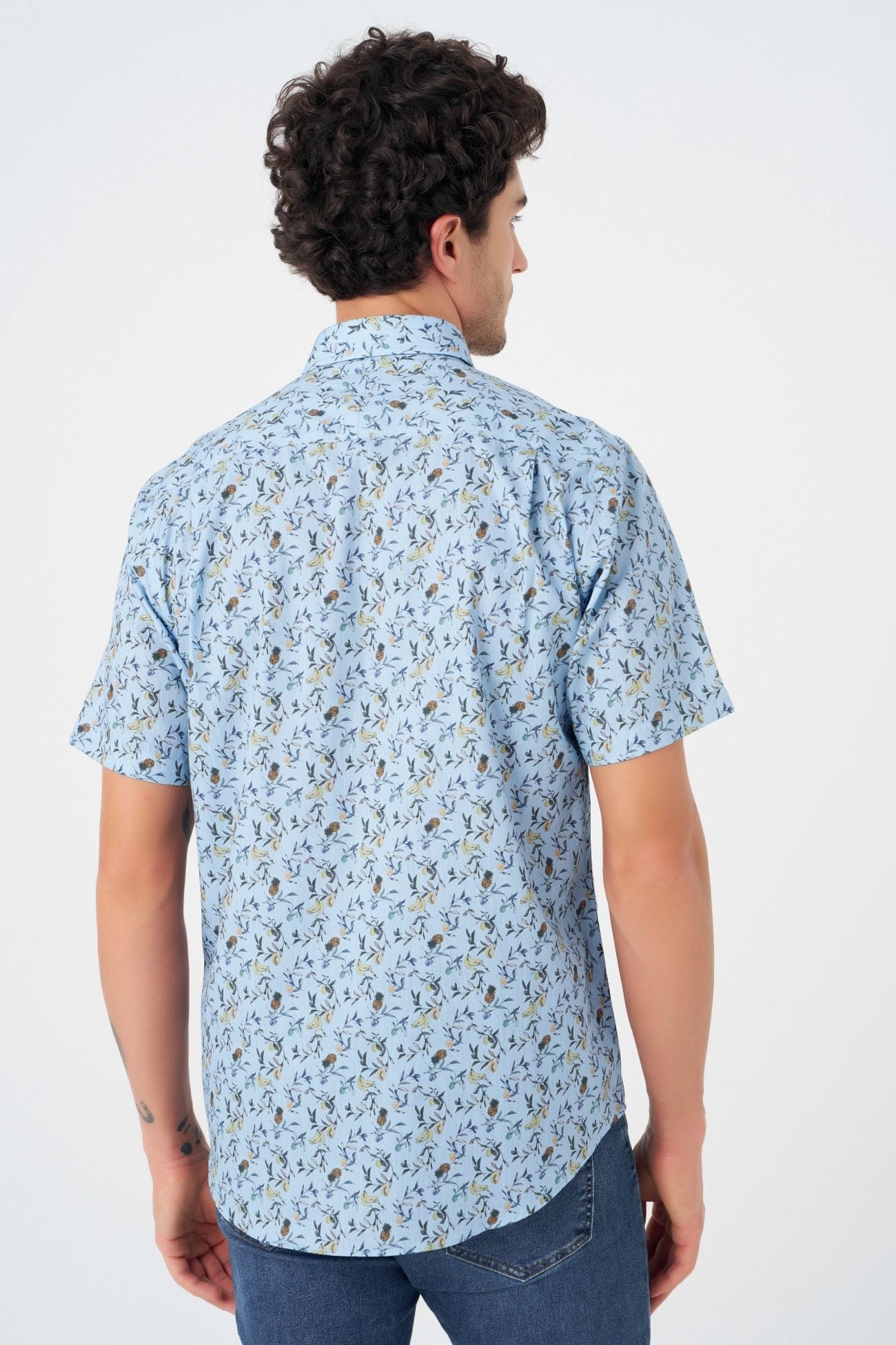 Light Blue Tropical Print Sleeve No-Iron Cotton Sport Shirt with Hidden Button Down Collar by Leo Chevalier