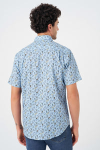 Light Blue Tropical Print Sleeve No-Iron Cotton Sport Shirt with Hidden Button Down Collar by Leo Chevalier