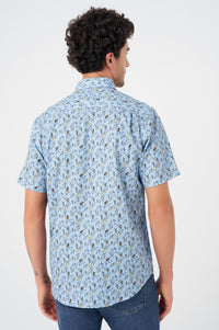 Light Blue Tropical Print Sleeve No-Iron Cotton Sport Shirt with Hidden Button Down Collar by Leo Chevalier