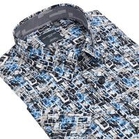 Black, Blue, and Grey Abstract Print Short Sleeve No-Iron Cotton Sport Shirt with Hidden Button Down Collar by Leo Chevalier