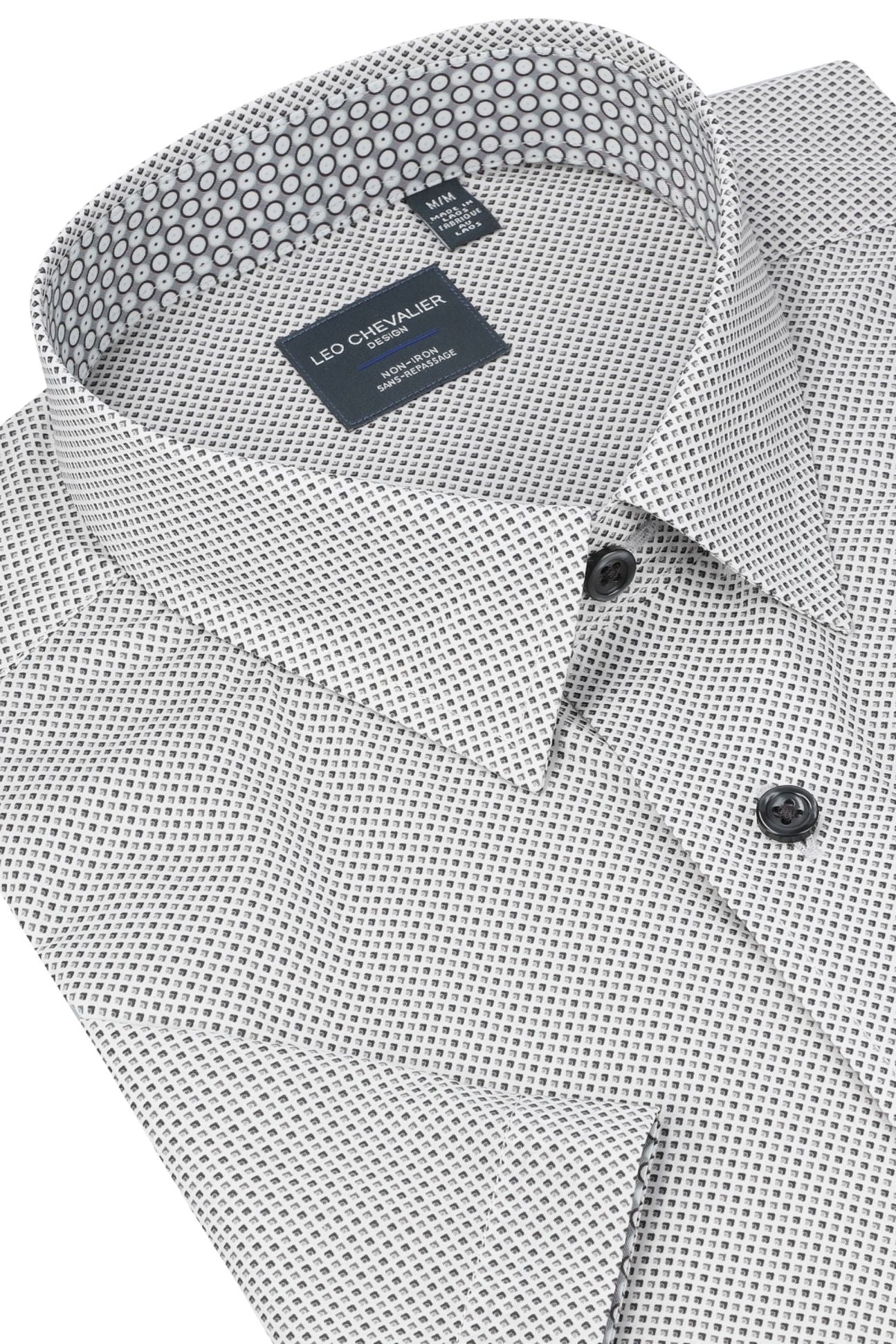 Multi Grey Mini Neat Geometric Short Sleeve No-Iron Cotton Sport Shirt with Hidden Button Down Collar by Leo Chevalier