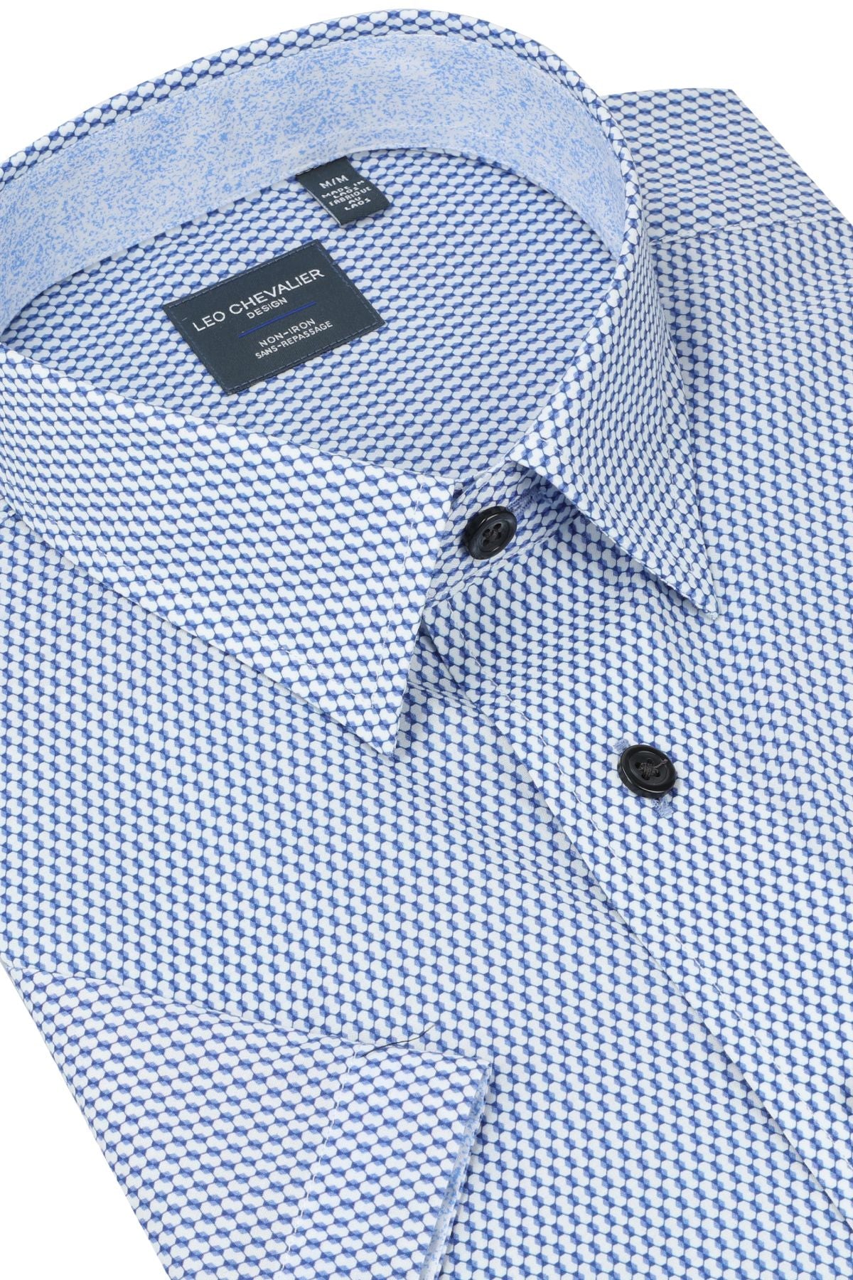Blue and White Micro Geometric Print Short Sleeve No-Iron Cotton Sport Shirt with Hidden Button Down Collar by Leo Chevalier