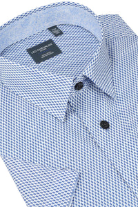 Blue and White Micro Geometric Print Short Sleeve No-Iron Cotton Sport Shirt with Hidden Button Down Collar by Leo Chevalier