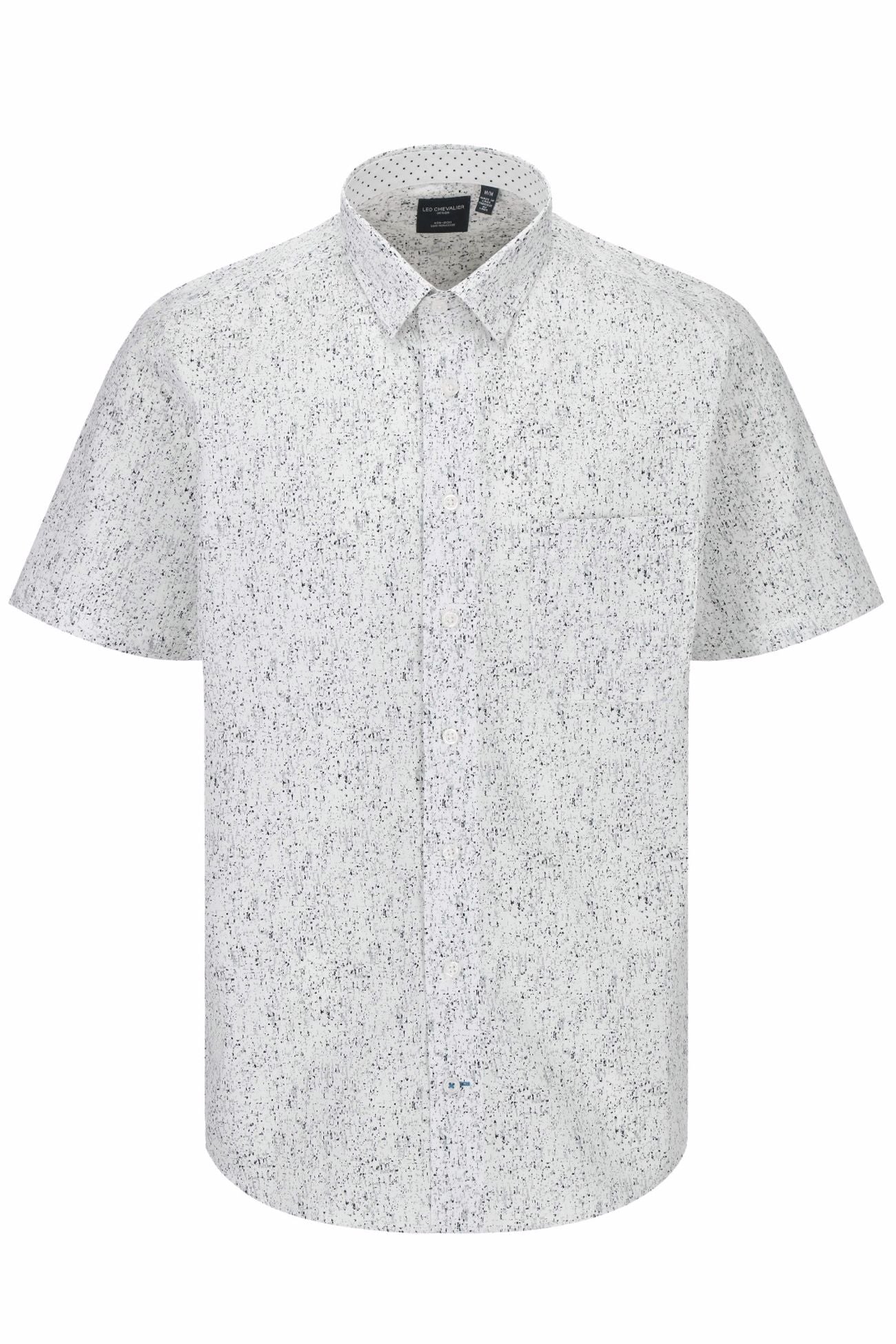 Grey and White Abstract Print Short Sleeve No-Iron Cotton Sport Shirt with Hidden Button Down Collar by Leo Chevalier