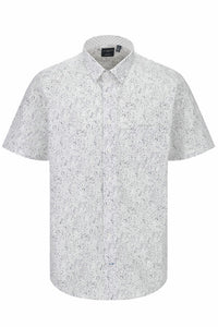 Grey and White Abstract Print Short Sleeve No-Iron Cotton Sport Shirt with Hidden Button Down Collar by Leo Chevalier