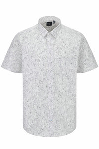 Grey and White Abstract Print Short Sleeve No-Iron Cotton Sport Shirt with Hidden Button Down Collar by Leo Chevalier