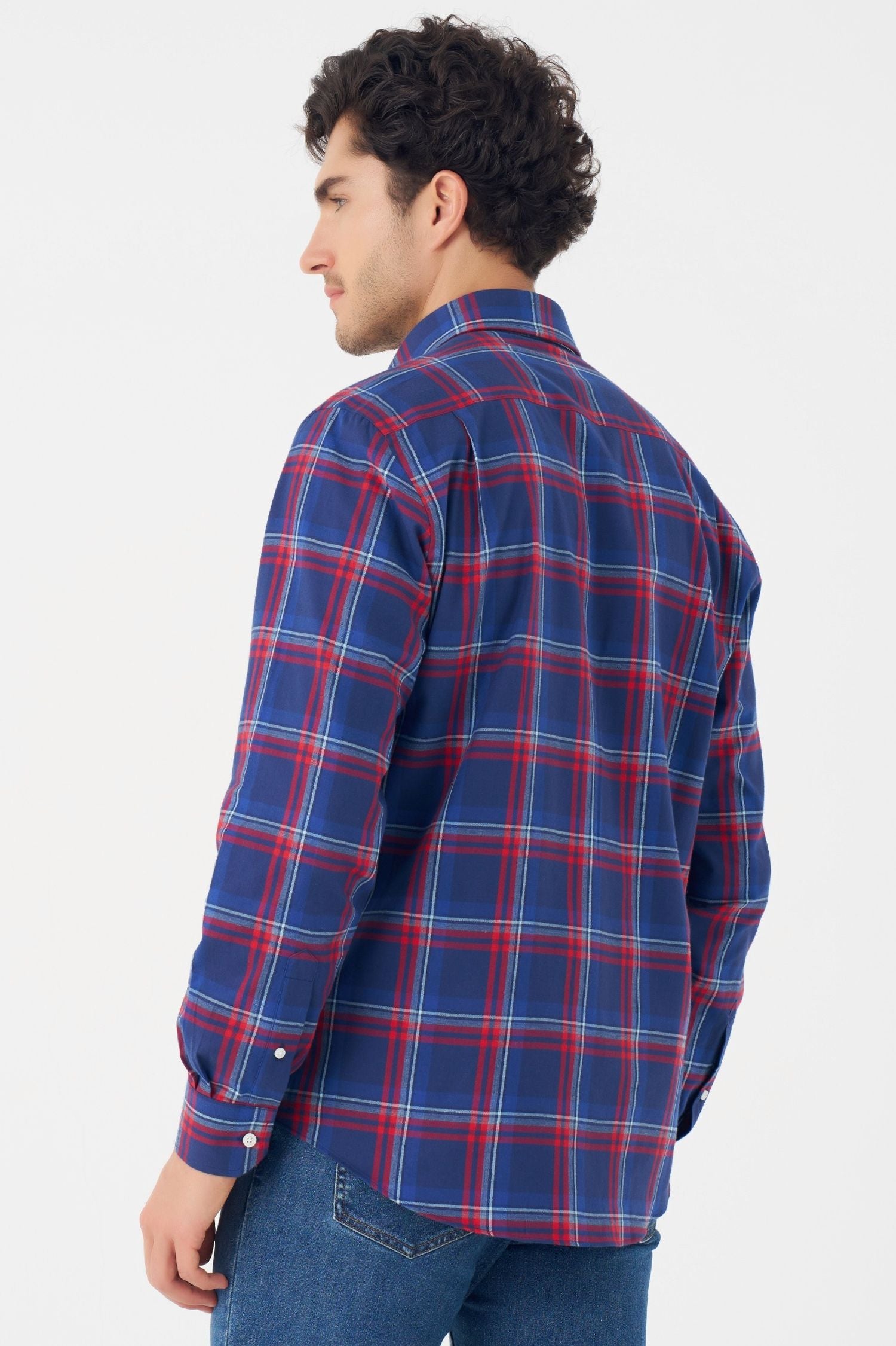 Navy and Red Plaid Cotton Sport Shirt with Button Down Collar by Leo Chevalier