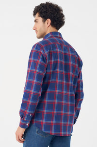 Navy and Red Plaid Cotton Sport Shirt with Button Down Collar by Leo Chevalier