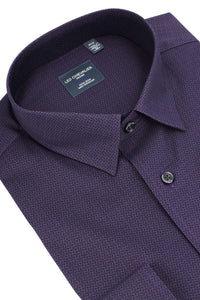 Tonal Plum Neat Geometric Cotton Sport Shirt with Hidden Button Down Collar by Leo Chevalier